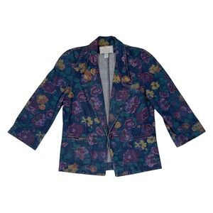 Vintage Learsi Floral Denim Blazer Jacket Blue Purple Yellow Cotton